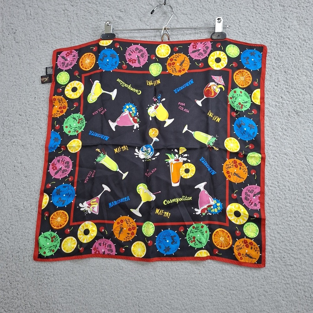 Nick and Nora 100% Silk Scarf Wrap Handkerchief Cocktail Print 21x21 Black Red